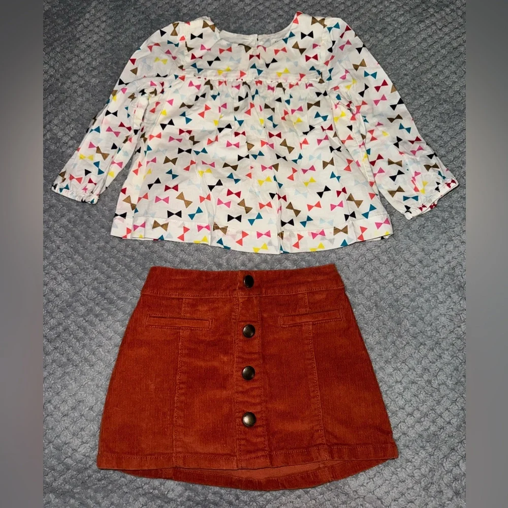 Gap + Old Navy Baby Girl Outfit Set 18-24M Bow Print Top Corduroy Skirt